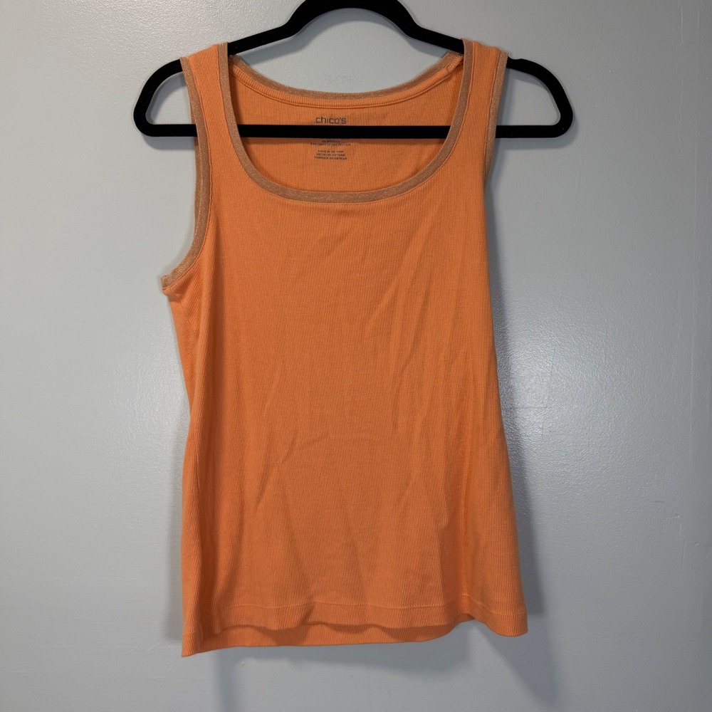 Chicos Ultimate Tee‎ Tank Top Orange Ribbed Metallic Trim Size Medium Scoop Neck